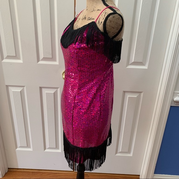 Vintage 1920s Flapper Fuchsia Sequin Black Fringe Spaghetti Strap Dress - Picture 5 of 11